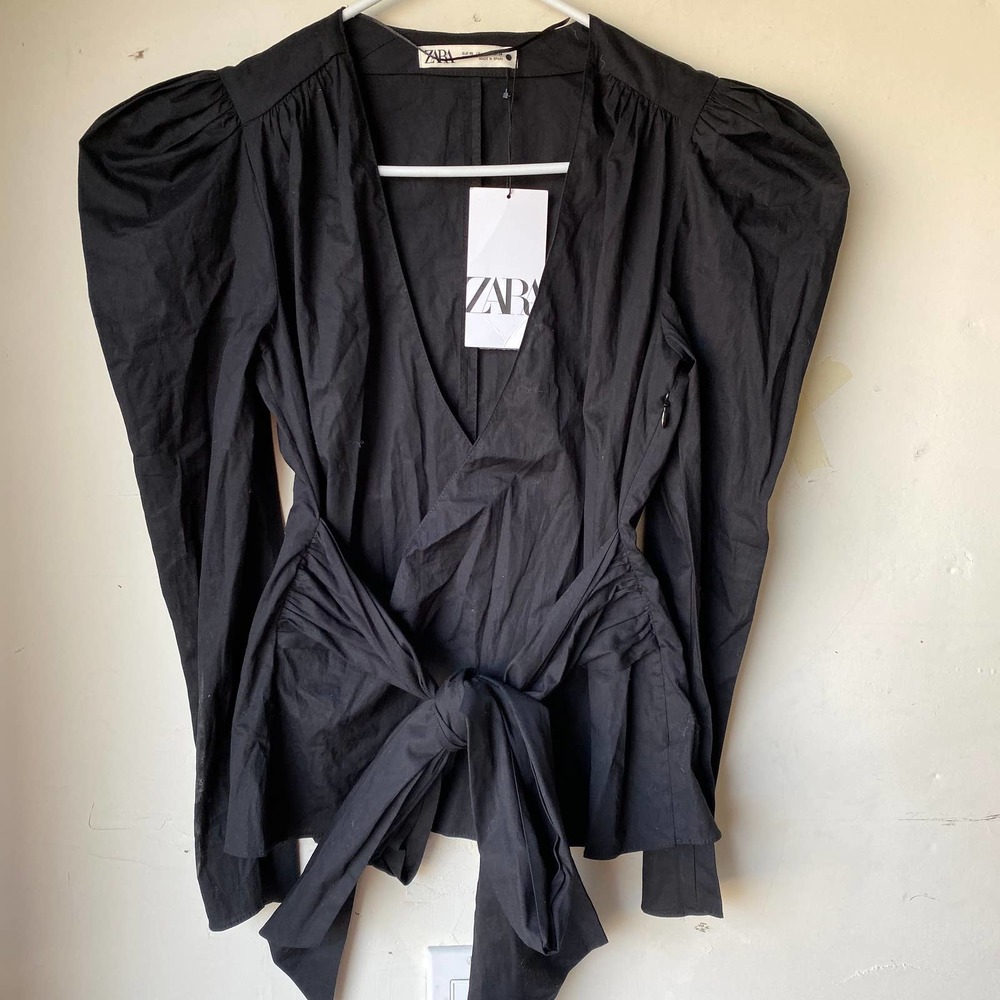 zara women black tie knot long sleeve top v neck